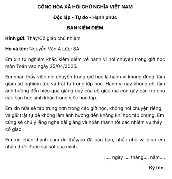 Cách viết bản kiểm điểm cấp 2